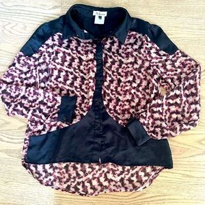 Adara Sheer Abstract Print High Low Hem Button Down Blouse